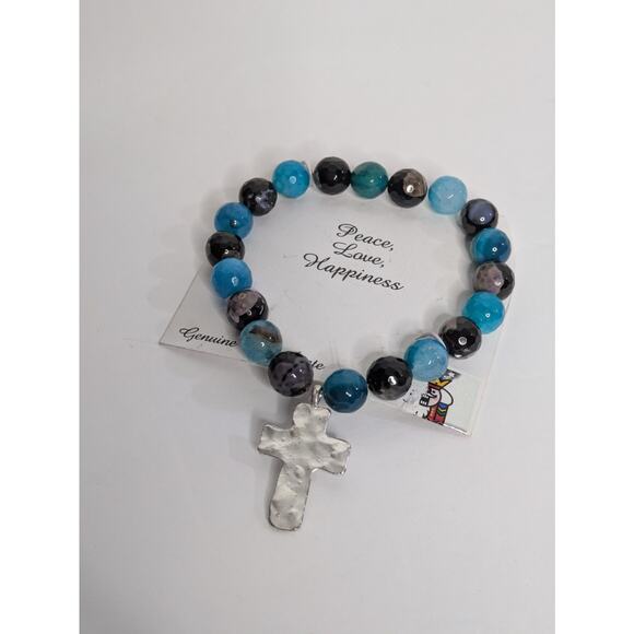 Unbranded Jewelry - Genuine Fire Agate Bracelet w Silver Tone Rhinestone Cross Heart Cutouts NIB